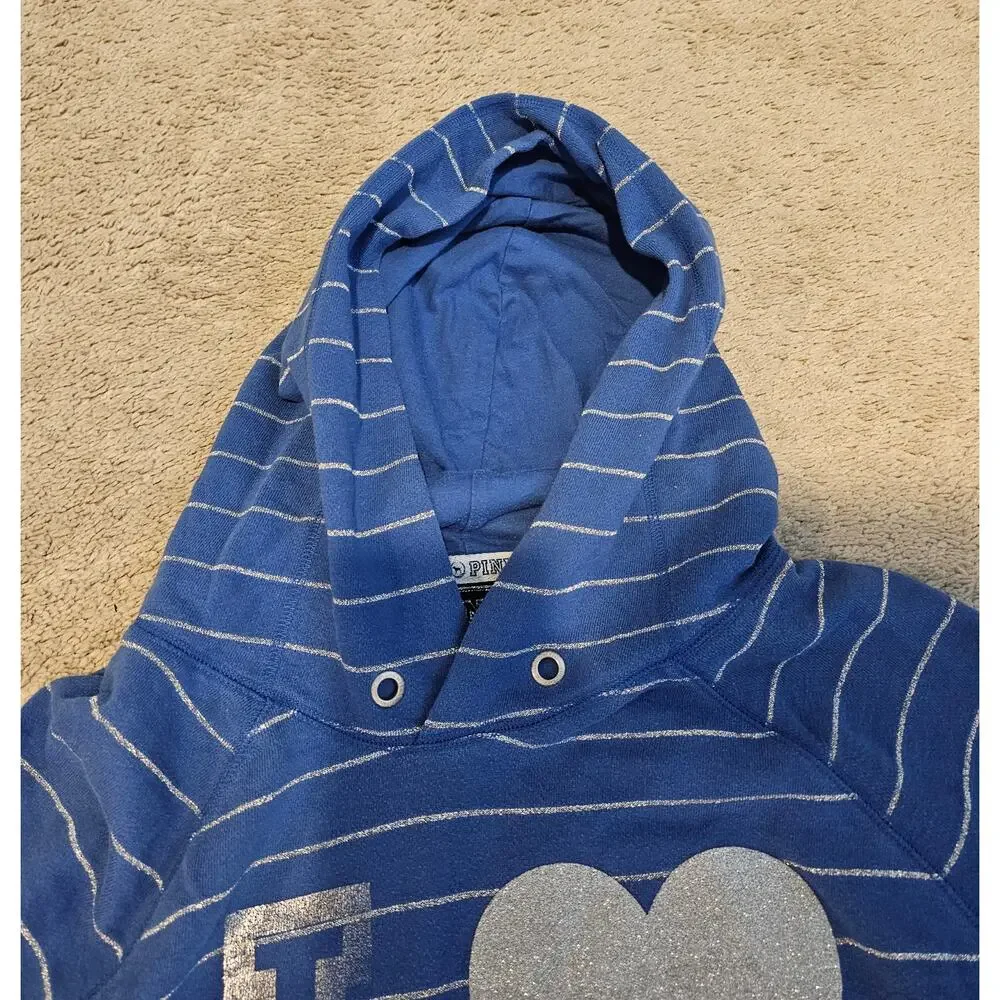 VS Pink Women's Large Blue Hoodie Pullover Stripe Y2K flaw- missing drawstring - Picture 6 of 9